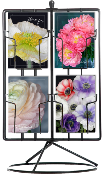 Cartes florales sur un présentoir